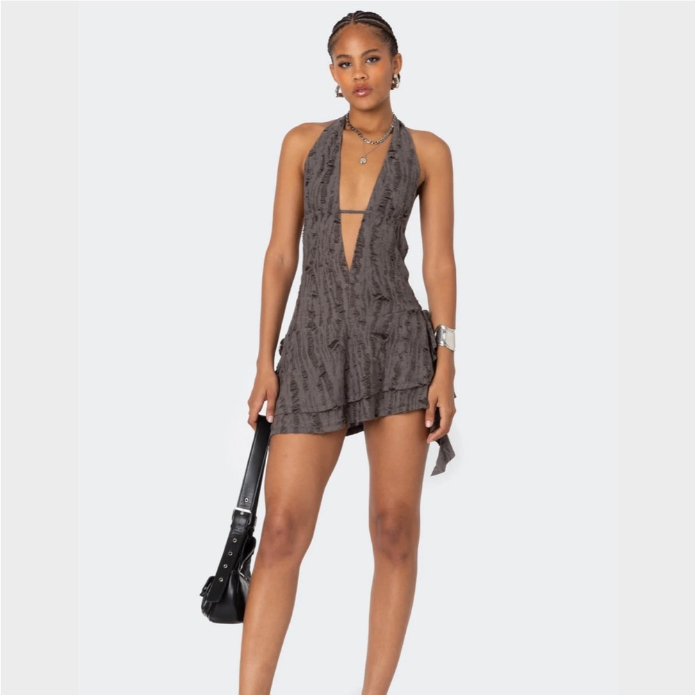 NWOT: Edikted Shredded Backless Halter Mini Dress